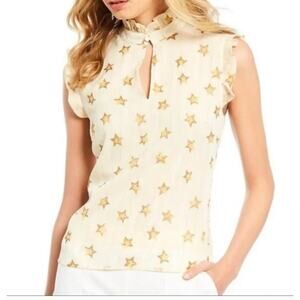 Julie Brown Short Sleeve High Neck Sz 12 Blouse Metallic Stars